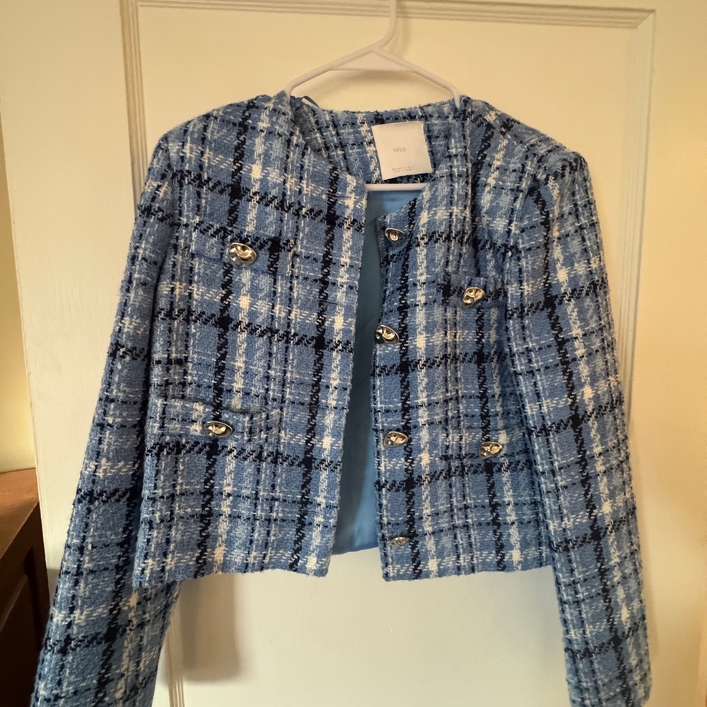 Mango Blue and White Plaid Tweed Jacket